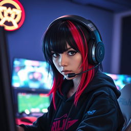 A stylish girl with striking black and red hair, wearing a high-quality gaming headset