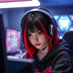 A stylish girl with striking black and red hair, wearing a high-quality gaming headset