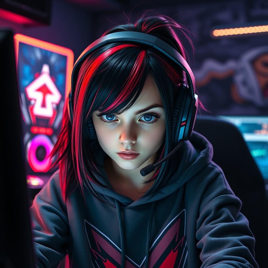 A stylish girl with striking black and red hair, wearing a high-quality gaming headset