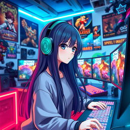 A stylish anime girl with long black hair wearing a high-quality gaming headset