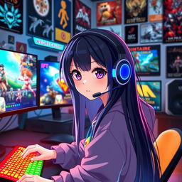 A stylish anime girl with long black hair wearing a high-quality gaming headset