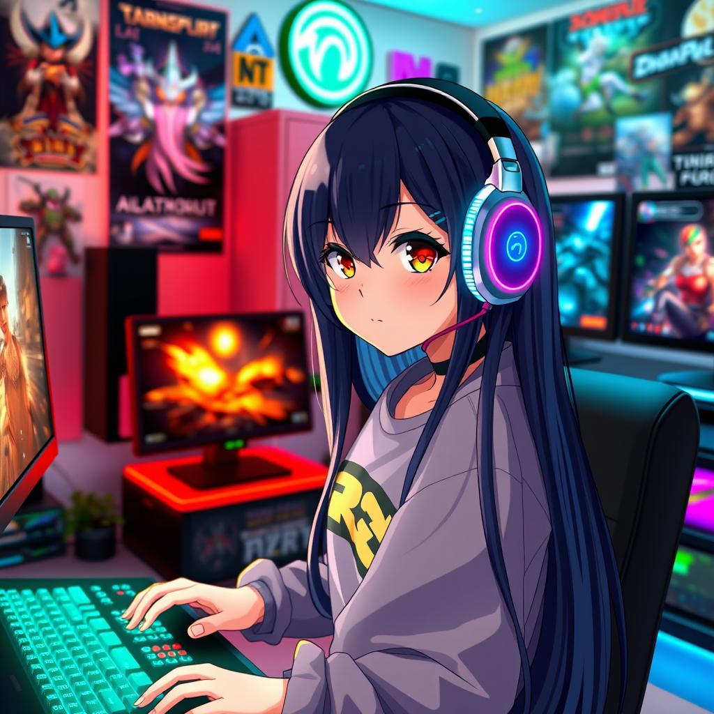 A stylish anime girl with long black hair wearing a high-quality gaming headset