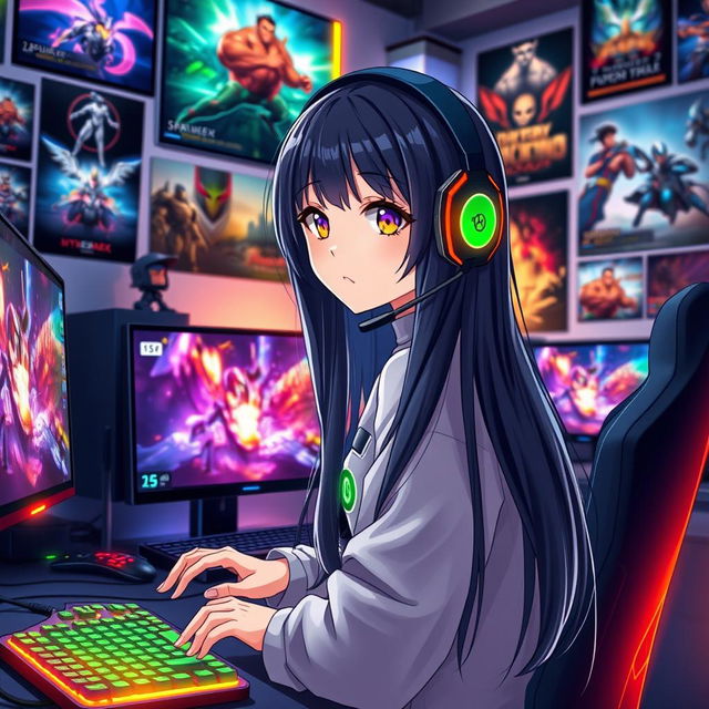 A stylish anime girl with long black hair wearing a high-quality gaming headset