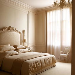 A bedroom designed in a neoclassical style, featuring short walls and a single, small window. The room is adorned with classic furnishings, elegant decor, and subtle light pouring through the window.