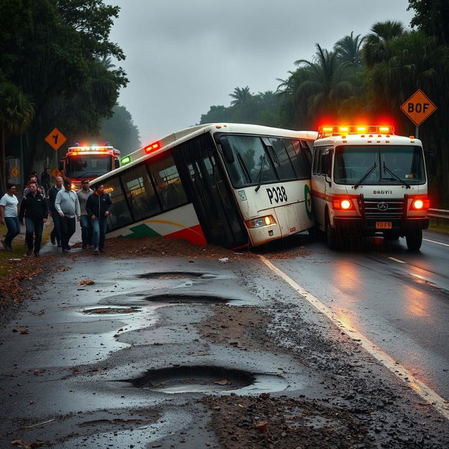 A dramatic scene depicting a bus accident on a poorly maintained road with visible potholes and gravel