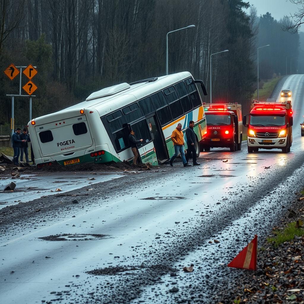 A dramatic scene depicting a bus accident on a poorly maintained road with visible potholes and gravel