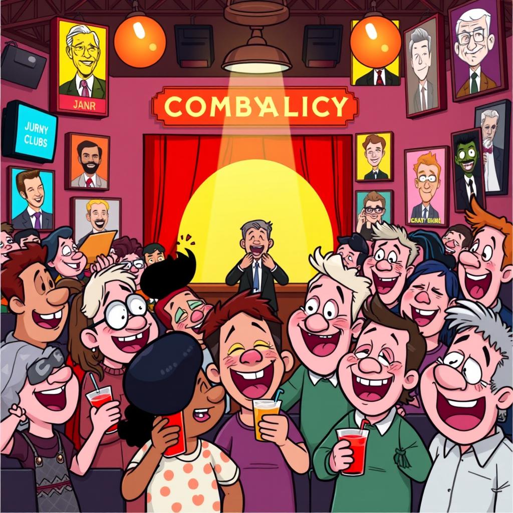 A whimsical and colorful scene depicting a group of cartoonish characters at a lively comedy club, filled with laughter and joy