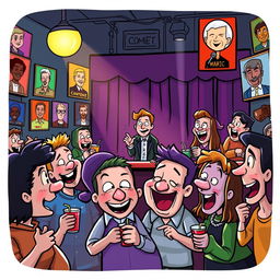 A whimsical and colorful scene depicting a group of cartoonish characters at a lively comedy club, filled with laughter and joy