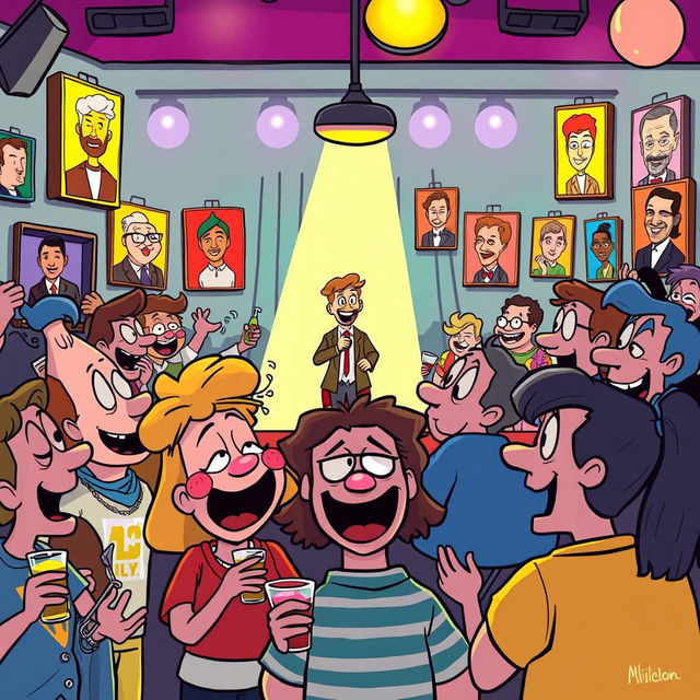 A whimsical and colorful scene depicting a group of cartoonish characters at a lively comedy club, filled with laughter and joy