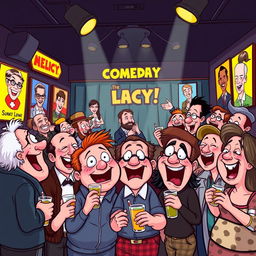 A whimsical and colorful scene depicting a group of cartoonish characters at a lively comedy club, filled with laughter and joy