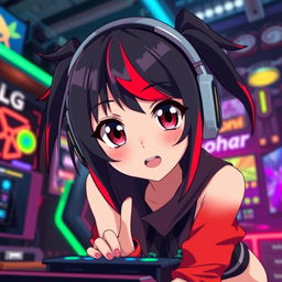 A stylish anime girl with striking black and red hair, wearing a gamer headset