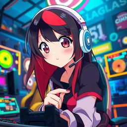 A stylish anime girl with striking black and red hair, wearing a gamer headset