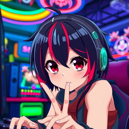 A stylish anime girl with striking black and red hair, wearing a gamer headset