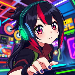 A stylish anime girl with striking black and red hair, wearing a gamer headset