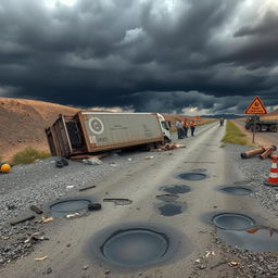 A dramatic scene depicting a truck accident on a rough, poorly maintained road