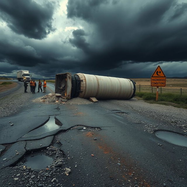 A dramatic scene depicting a truck accident on a rough, poorly maintained road