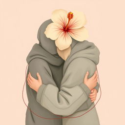 A gentle, tender, and slightly melancholic scene featuring two figures wrapped tightly together in a warm embrace