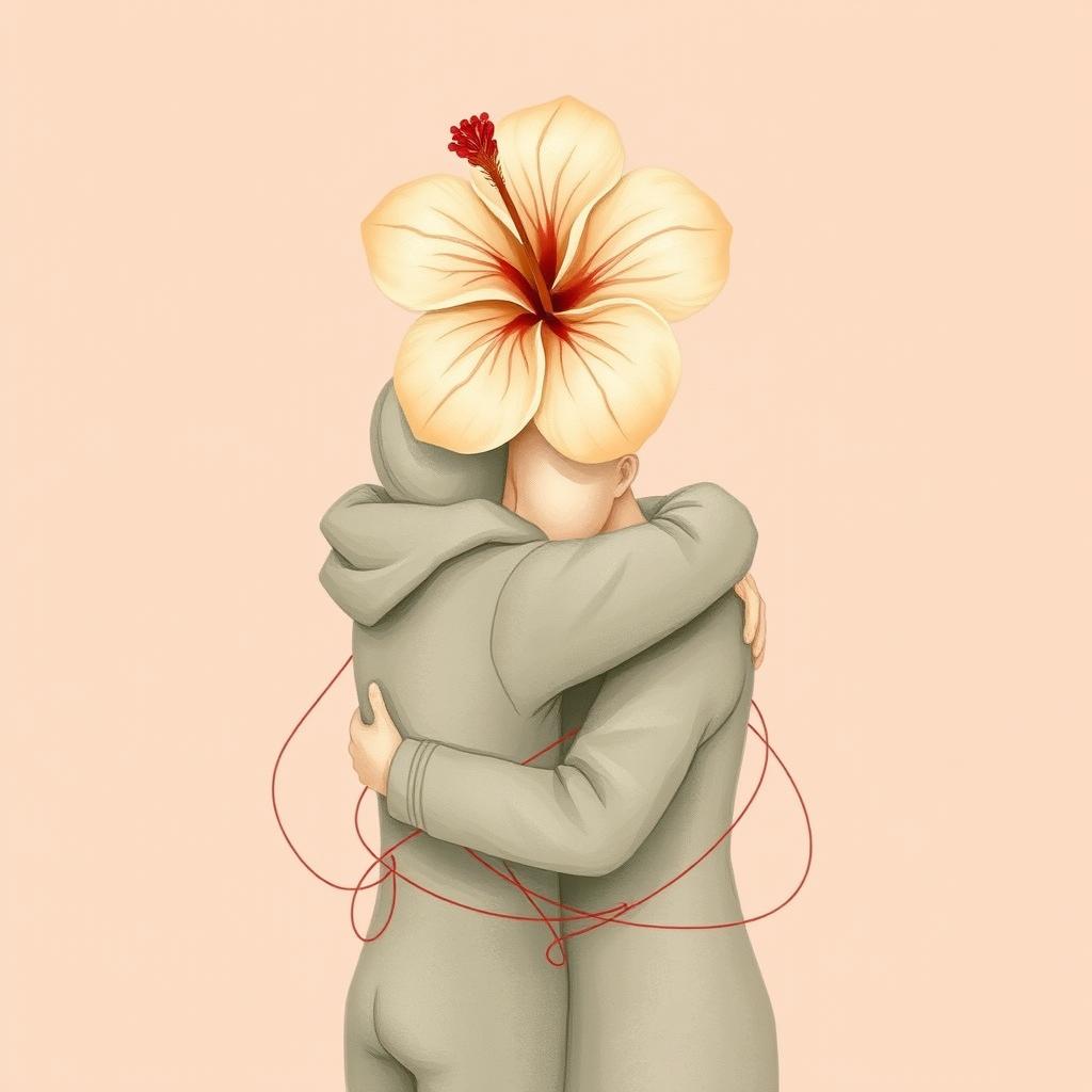 A gentle, tender, and slightly melancholic scene featuring two figures wrapped tightly together in a warm embrace