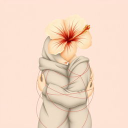 A gentle, tender, and slightly melancholic scene featuring two figures wrapped tightly together in a warm embrace