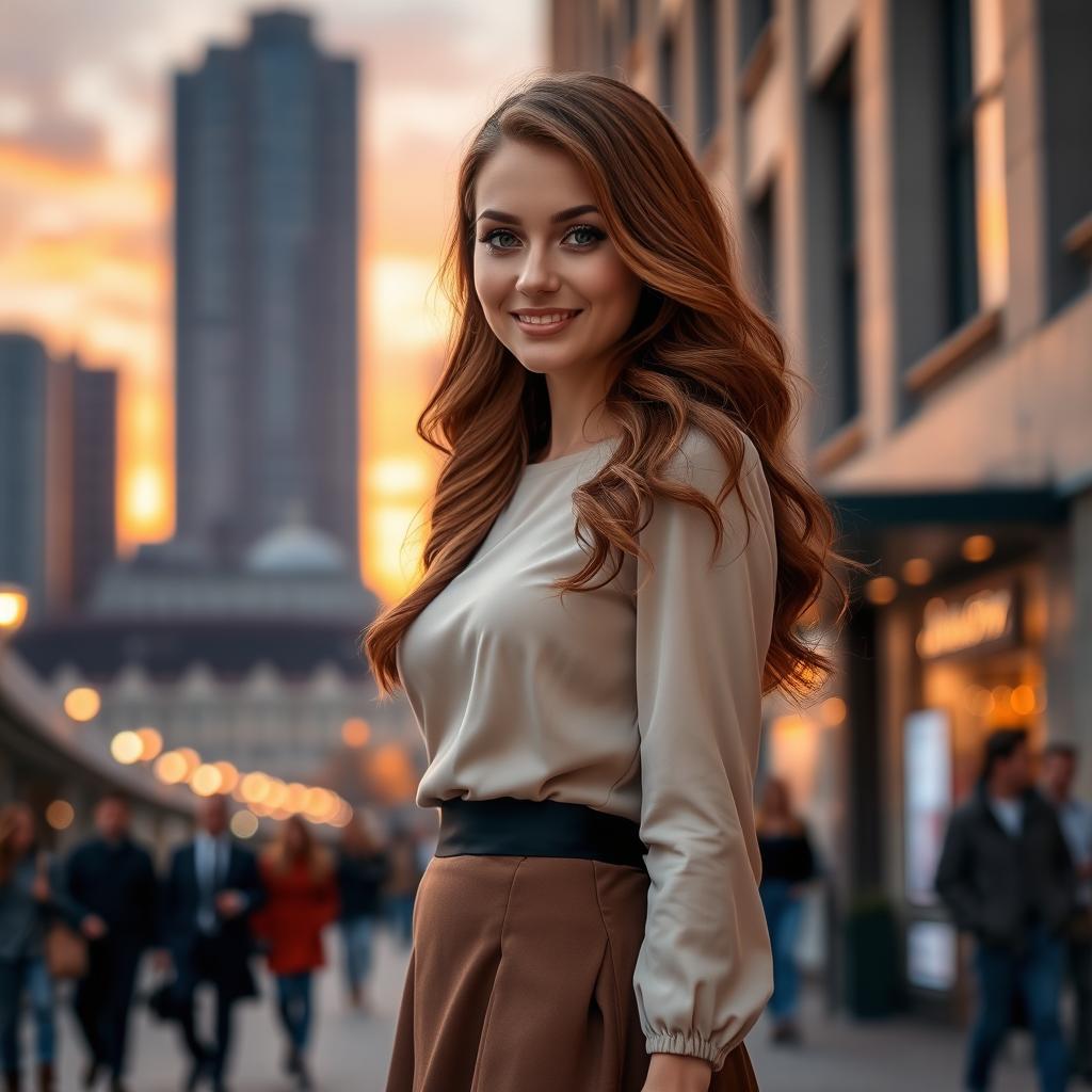 A detailed portrait of an elegant young woman standing on a city street at sunset, wearing a sophisticated, stylish outfit with a flowing skirt and chic top