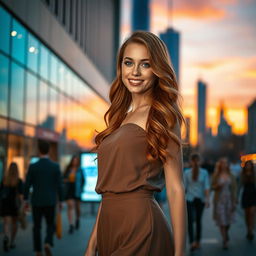 A detailed portrait of an elegant young woman standing on a city street at sunset, wearing a sophisticated, stylish outfit with a flowing skirt and chic top