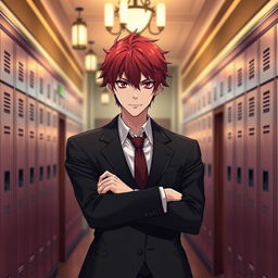 A young adult male character with striking red hair and pink eyes, dressed in a sleek black formal blazer, stands confidently in an academy hallway