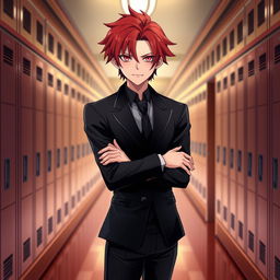 A young adult male character with striking red hair and pink eyes, dressed in a sleek black formal blazer, stands confidently in an academy hallway