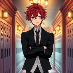 A young adult male character with striking red hair and pink eyes, dressed in a sleek black formal blazer, stands confidently in an academy hallway
