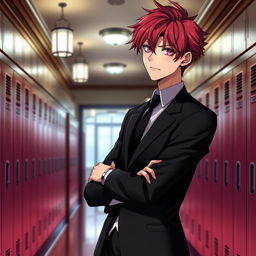 A young adult male character with striking red hair and pink eyes, dressed in a sleek black formal blazer, stands confidently in an academy hallway