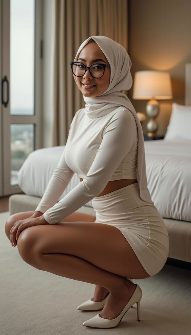 A classy 47-year-old woman wearing a white hijab and stylish high classy heels, positioned in a beautifully designed bedroom