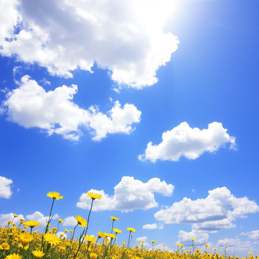 A bright, sunny day with a vibrant blue sky dotted with fluffy white clouds, overlooking a vast field of glowing yellow flowers that sway gently in the breeze