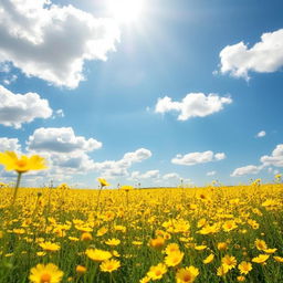 A bright, sunny day with a vibrant blue sky dotted with fluffy white clouds, overlooking a vast field of glowing yellow flowers that sway gently in the breeze