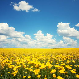A bright, sunny day with a vibrant blue sky dotted with fluffy white clouds, overlooking a vast field of glowing yellow flowers that sway gently in the breeze