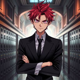 A young adult male character standing in an academy hallway, featuring vibrant red hair and striking pink eyes