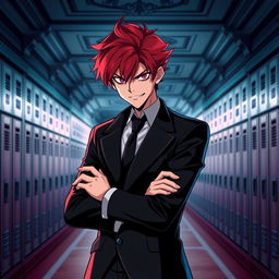 A young adult male character standing in an academy hallway, featuring vibrant red hair and striking pink eyes