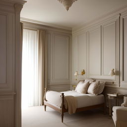 A bedroom designed in a neoclassical style, featuring short walls and a single, small window. The room is adorned with classic furnishings, elegant decor, and subtle light pouring through the window.