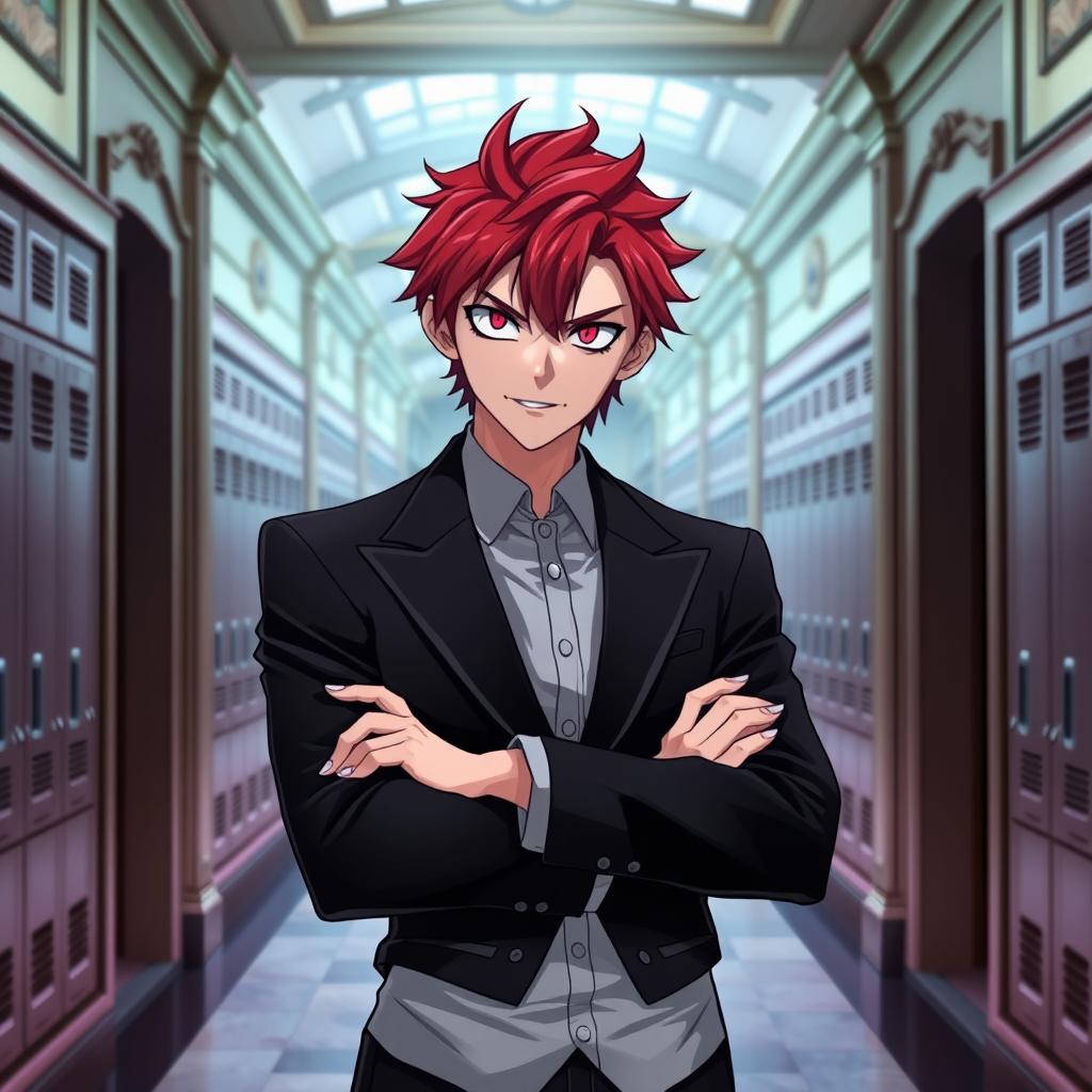 A young adult male character standing in an academy hallway, featuring vibrant red hair and striking pink eyes