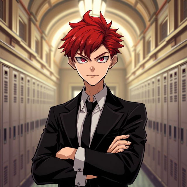 A young adult male character standing in an academy hallway, featuring vibrant red hair and striking pink eyes