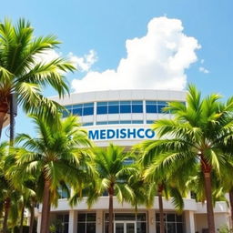 A sunny scene depicting a modern hospital building surrounded by lush green palm trees, creating a relaxing tropical atmosphere