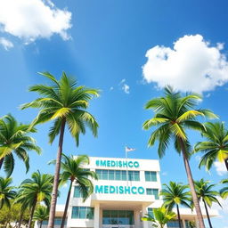 A sunny scene depicting a modern hospital building surrounded by lush green palm trees, creating a relaxing tropical atmosphere
