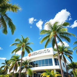 A sunny scene depicting a modern hospital building surrounded by lush green palm trees, creating a relaxing tropical atmosphere