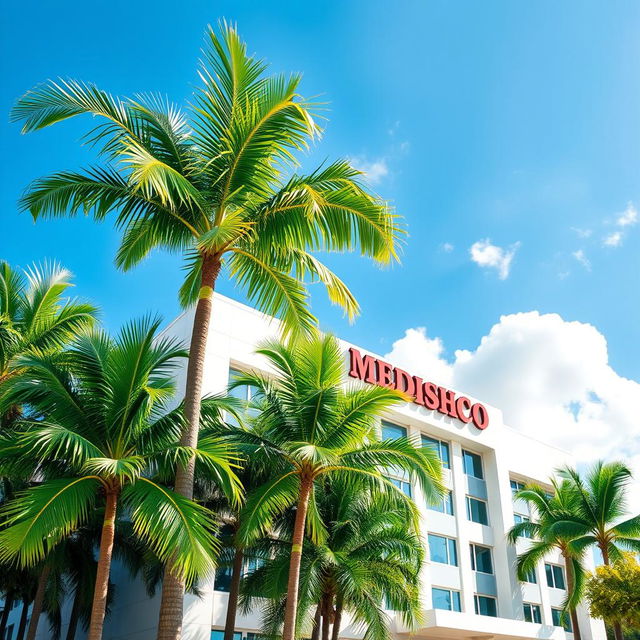 A sunny scene depicting a modern hospital building surrounded by lush green palm trees, creating a relaxing tropical atmosphere