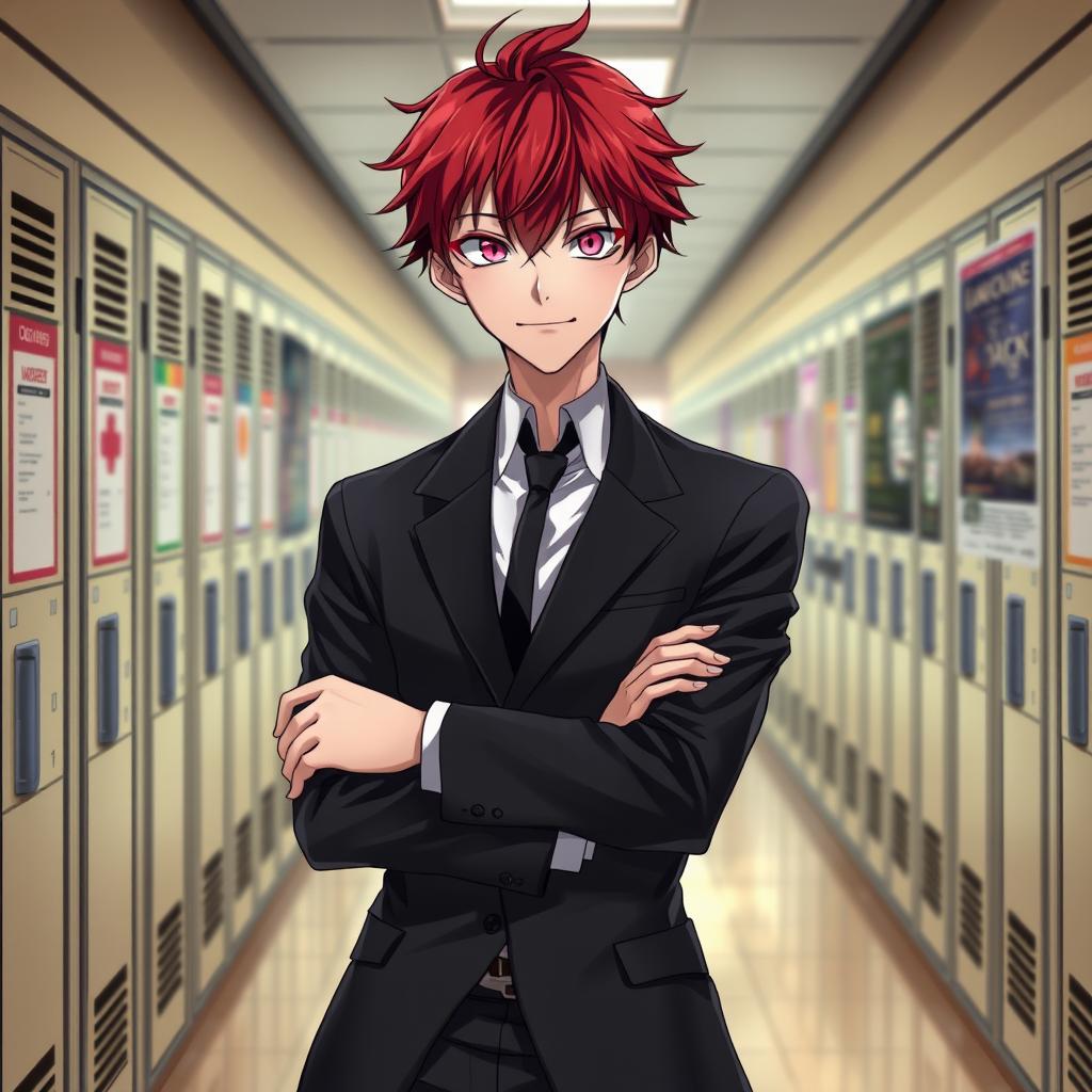 A light novel cover featuring a young adult male character with striking red hair and captivating pink eyes