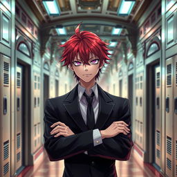 A captivating light novel cover featuring a young adult male character with striking red hair and enchanting pink eyes, dressed in a sleek black formal blazer