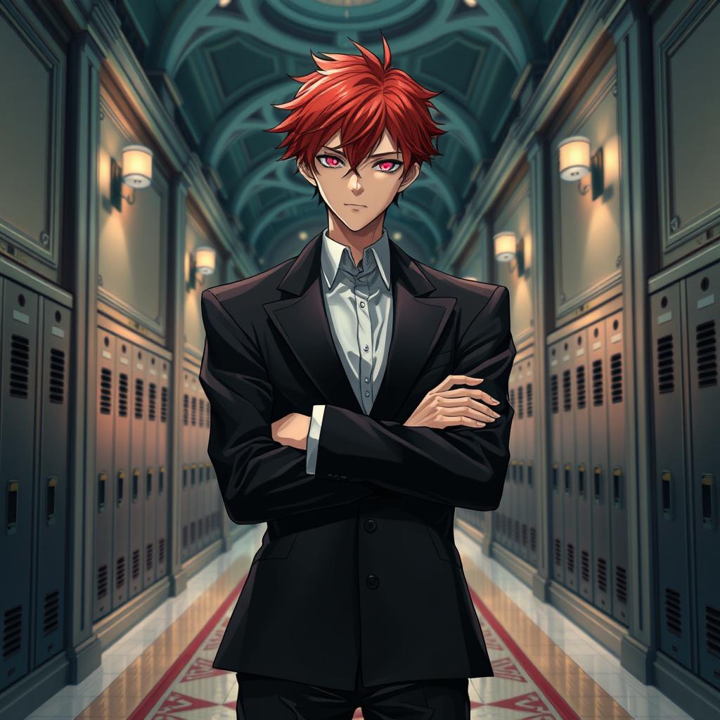 A captivating light novel cover featuring a young adult male character with striking red hair and enchanting pink eyes, dressed in a sleek black formal blazer