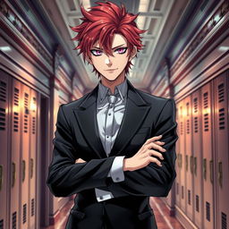A captivating light novel cover featuring a young adult male character with striking red hair and enchanting pink eyes, dressed in a sleek black formal blazer