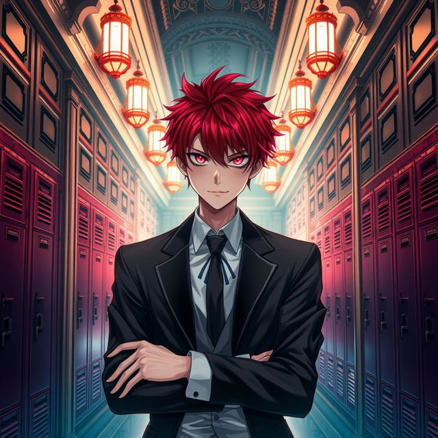 A captivating light novel cover featuring a young adult male character with striking red hair and enchanting pink eyes, dressed in a sleek black formal blazer