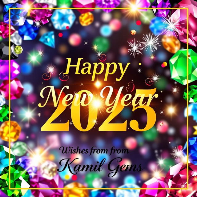 A vibrant and festive New Year 2025 poster featuring a sparkling gem background with various colorful gemstones such as sapphires, rubies, and emeralds integrated into the design