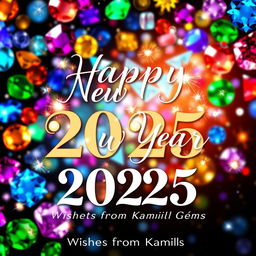 A vibrant and festive New Year 2025 poster featuring a sparkling gem background with various colorful gemstones such as sapphires, rubies, and emeralds integrated into the design