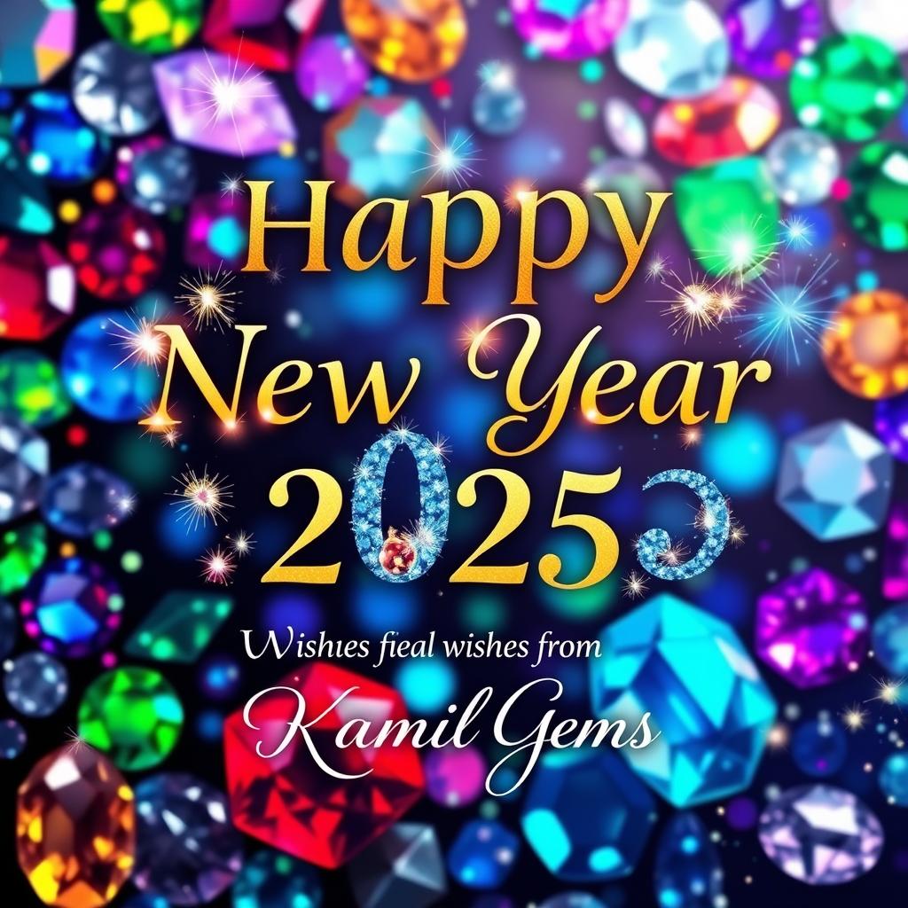 A vibrant and festive New Year 2025 poster featuring a sparkling gem background with various colorful gemstones such as sapphires, rubies, and emeralds integrated into the design